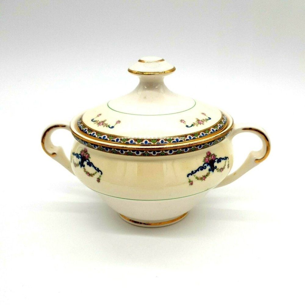 Pope Gosser China 52 Melrose Sugar Bowl Lid Made USA Collectable Gold Rose Blue